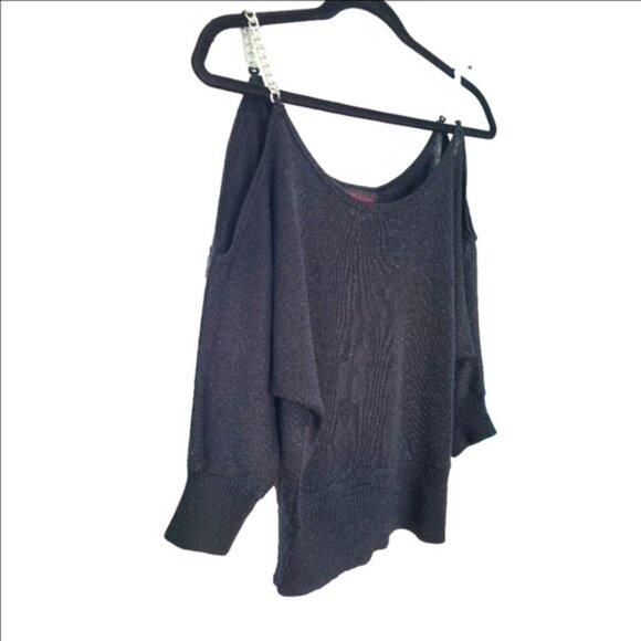 Festive Holiday Party Black Glitter Knit Cold Shoulder Silver Chain Strap Top - Picture 1 of 11